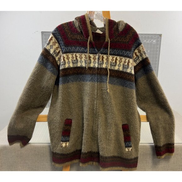 Alpaca Wool Sweater Jacket Men’s L Full Zip Hooded pre owned vintage - Picture 1 of 12